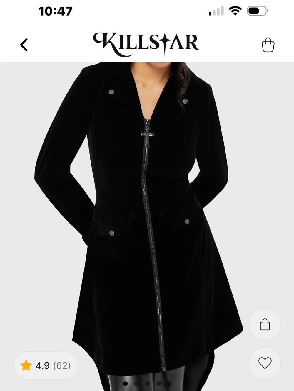 Killstar Misery Black Velvet Zip Front Coat Dress